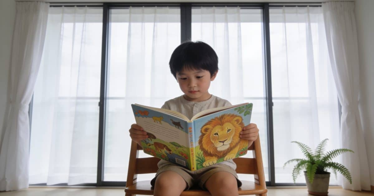 Enfant lisant un livre animalier devant grande fenetre