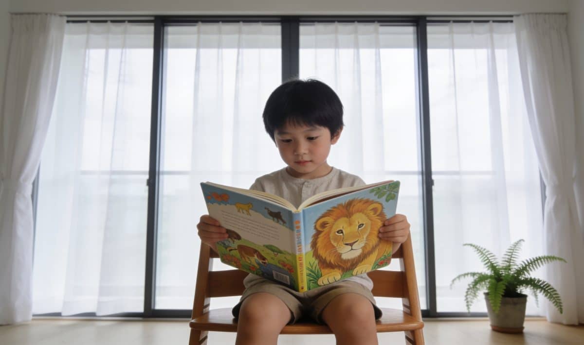 Enfant lisant un livre animalier devant grande fenetre