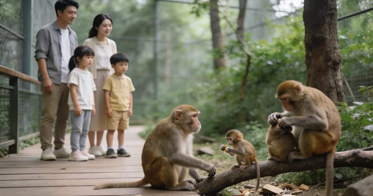 Famille observant des singes dans enclos boise sécurisé