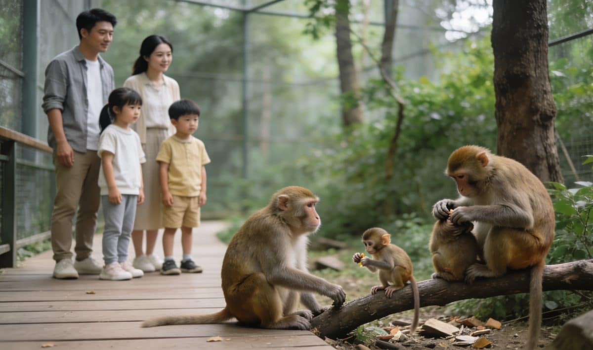 Famille observant des singes dans enclos boise sécurisé