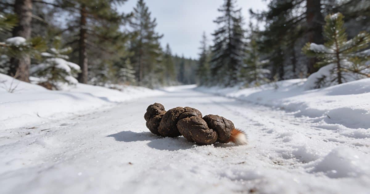 Fientes de renard sur sentier forestier enneige sous sapins