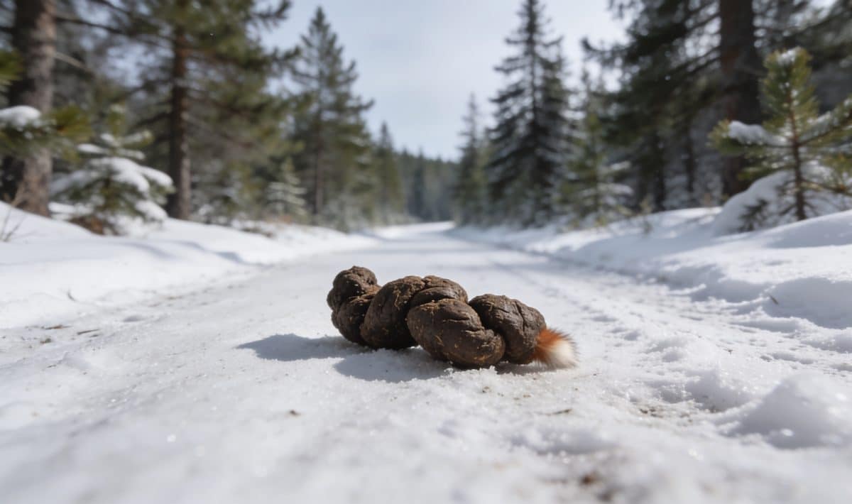 Fientes de renard sur sentier forestier enneige sous sapins
