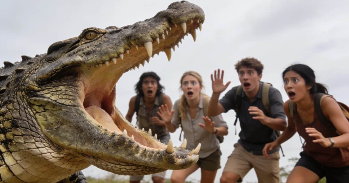 Gros crocodile gueule ouverte devant touristes effrayes