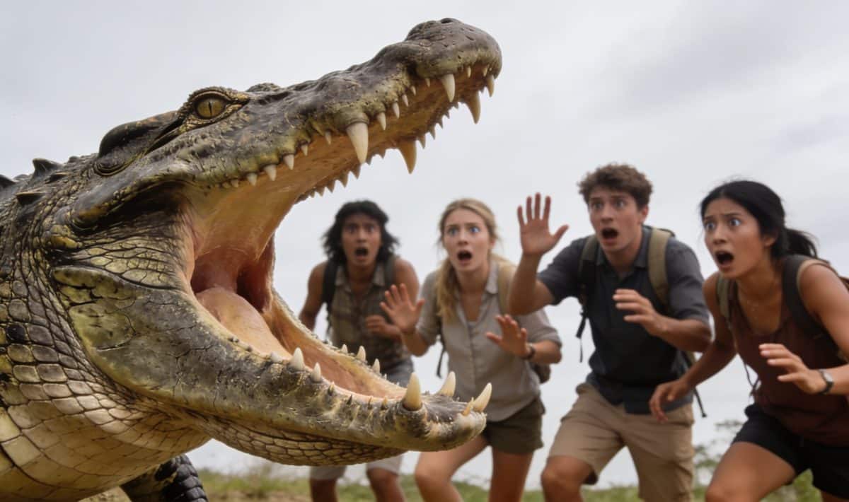 Gros crocodile gueule ouverte devant touristes effrayes