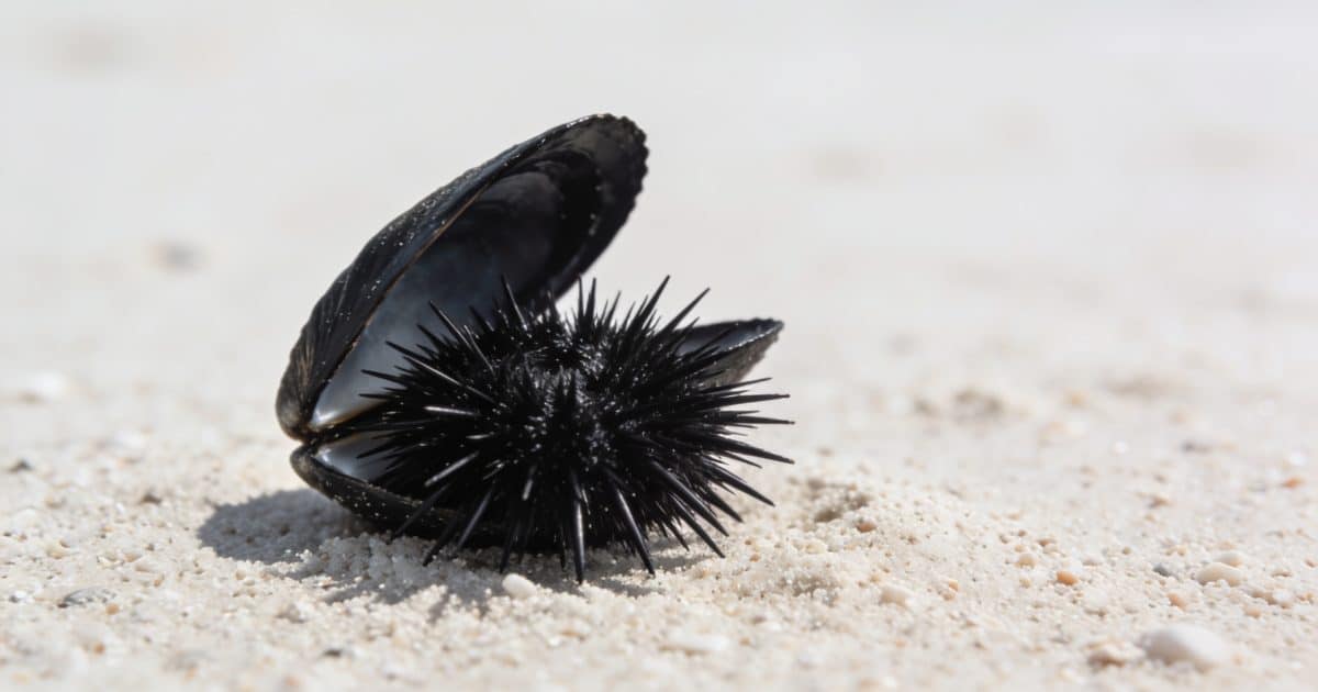 Gros oursin noir ouvert sur sable marin clair