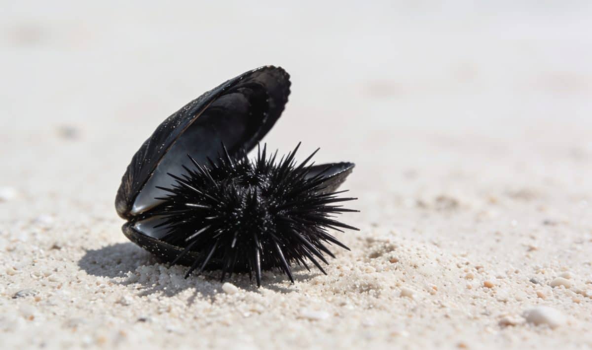 Gros oursin noir ouvert sur sable marin clair