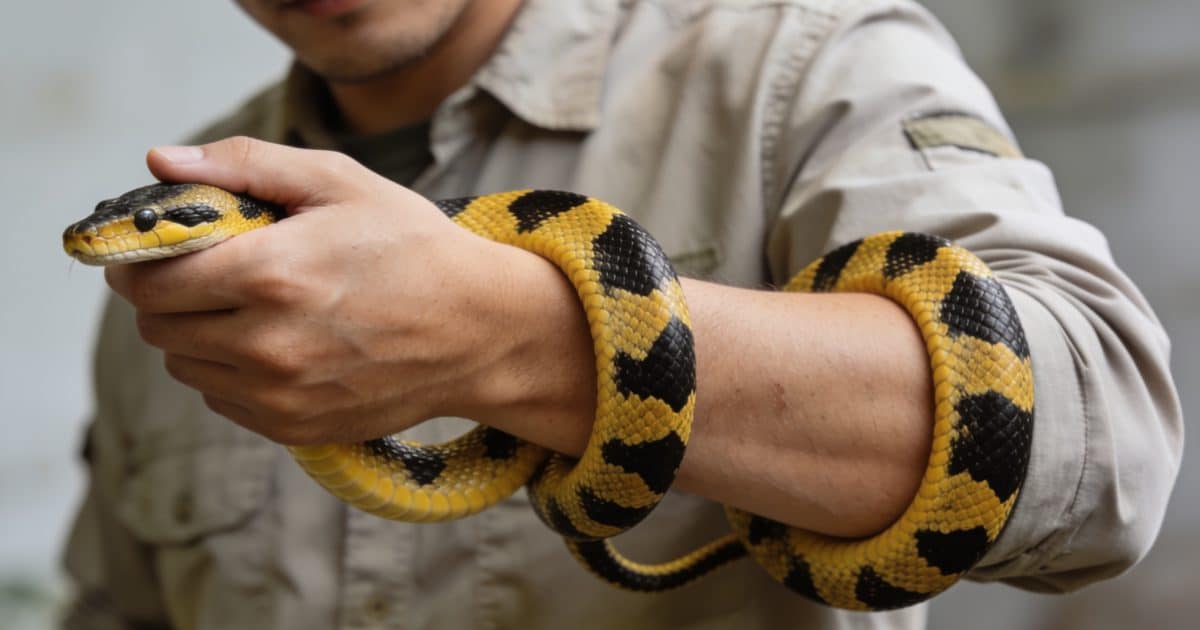 Herpetologue tenant un serpent venimeux jaune noir enroule autour du bras