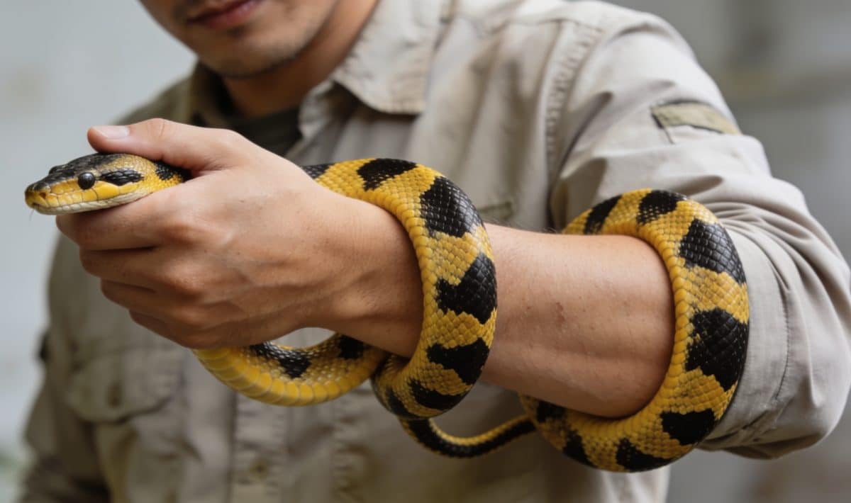 Herpetologue tenant un serpent venimeux jaune noir enroule autour du bras