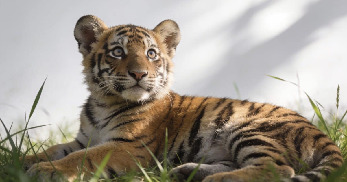 Jeune tigre couche dans lherbe regard curieux