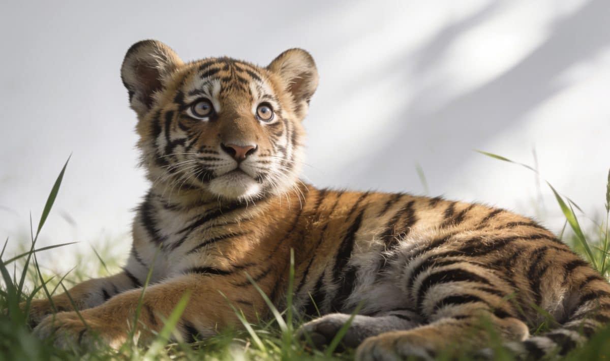 Jeune tigre couche dans lherbe regard curieux