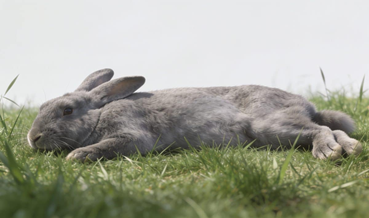 gros lapin gris allonge dans herbe verte