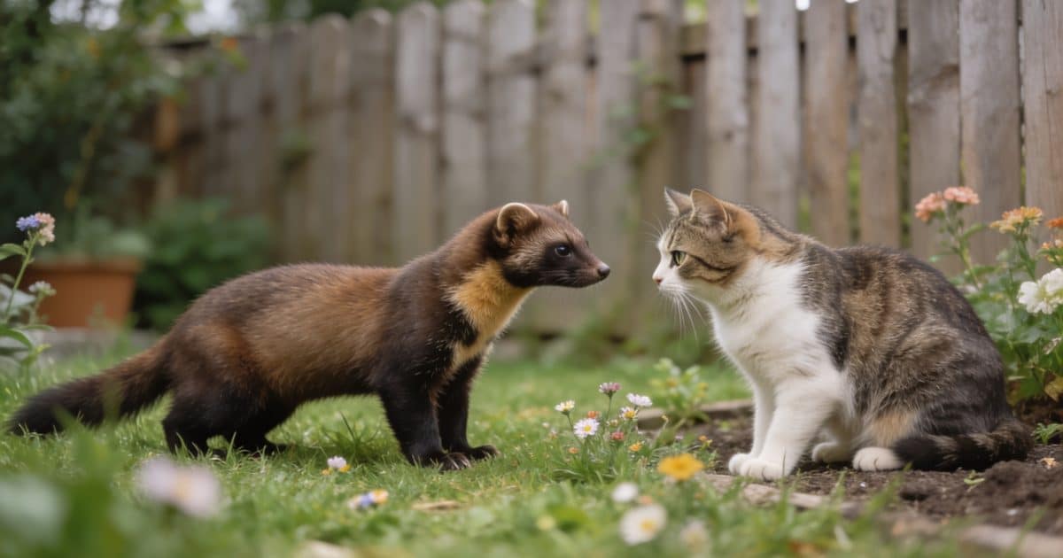 Martre sauvage face a un chat mefiant dans jardin