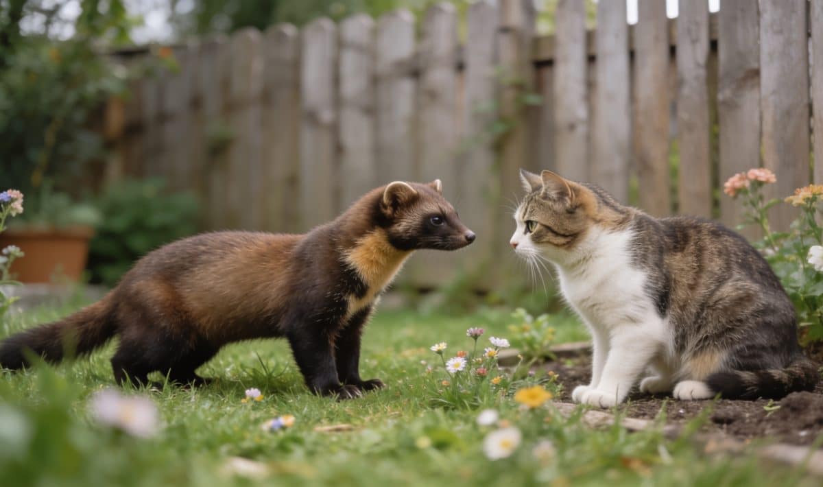 Martre sauvage face a un chat mefiant dans jardin