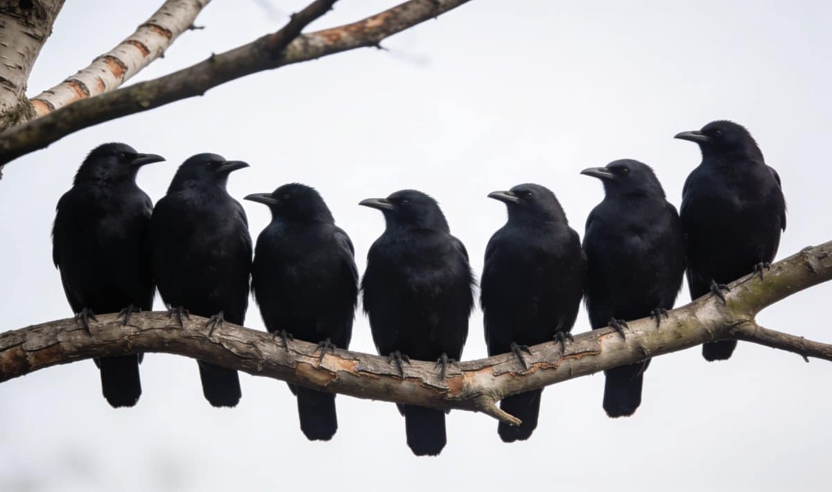 Plusieurs oiseaux noirs perches sur une branche ensemble