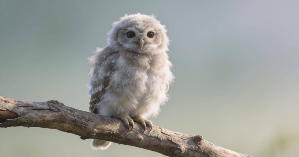 Petit hibou perché sur branche, plumes duveteuses