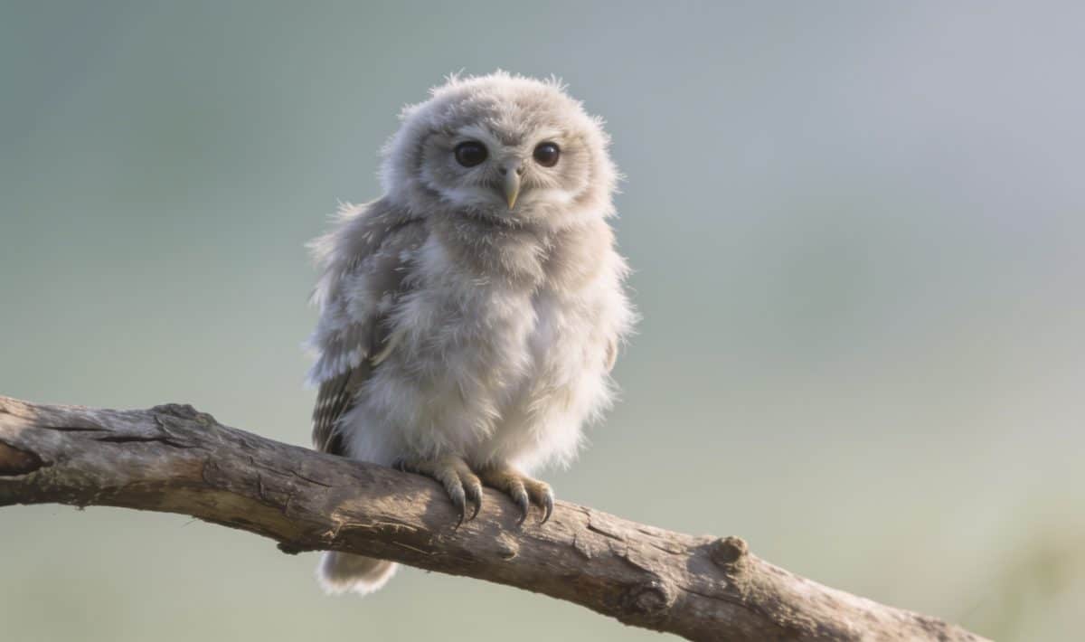 Petit hibou perché sur branche, plumes duveteuses
