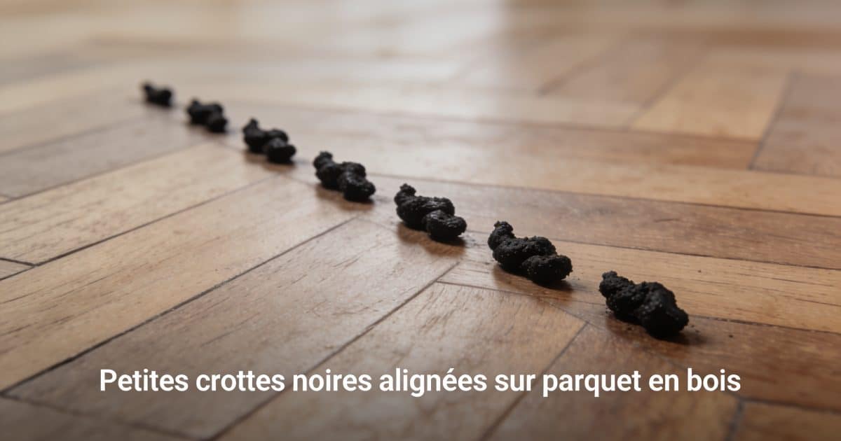 Petites crottes noires alignees sur parquet en bois