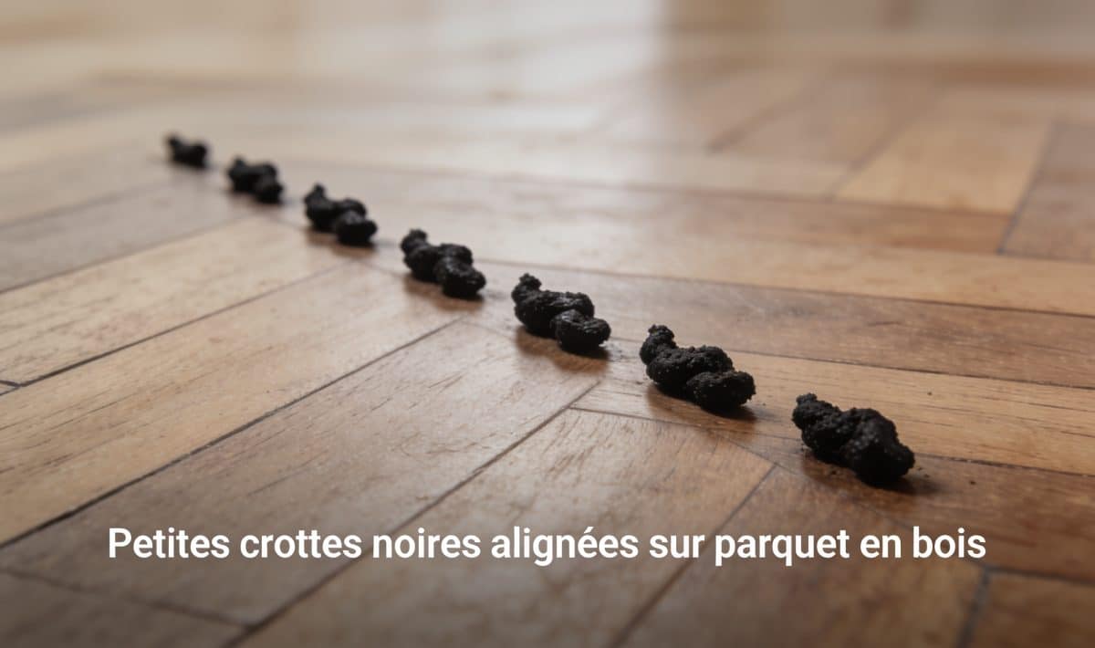 Petites crottes noires alignees sur parquet en bois