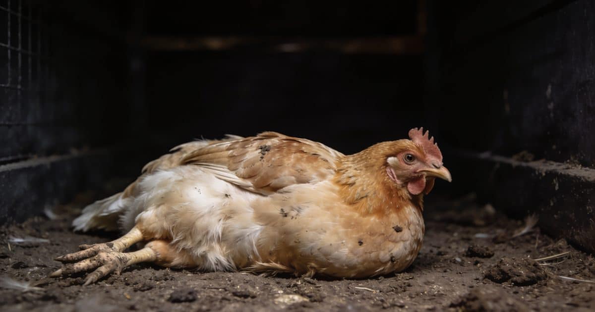 Poule allongee au sol dans un poulailler sombre