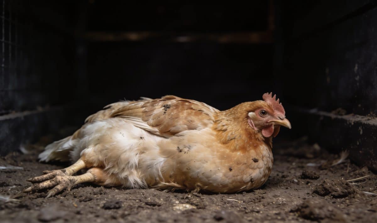 Poule allongee au sol dans un poulailler sombre