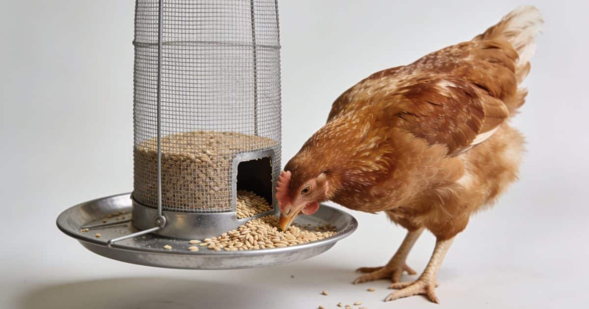 poule picorant grains dans mangeoire suspendue anti rats