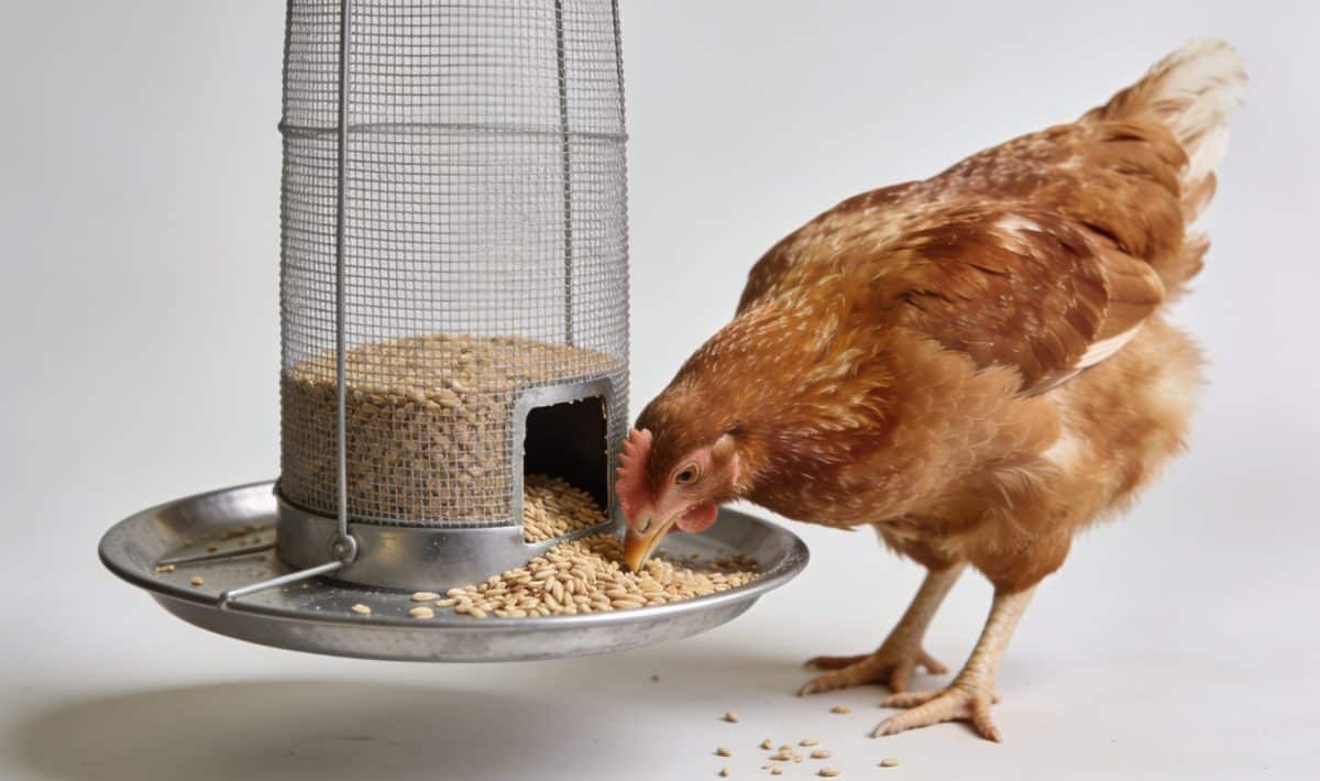 poule picorant grains dans mangeoire suspendue anti rats