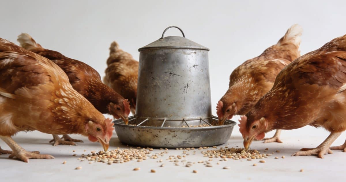 Poules pondeuses picorant graines devant mangeoire metal
