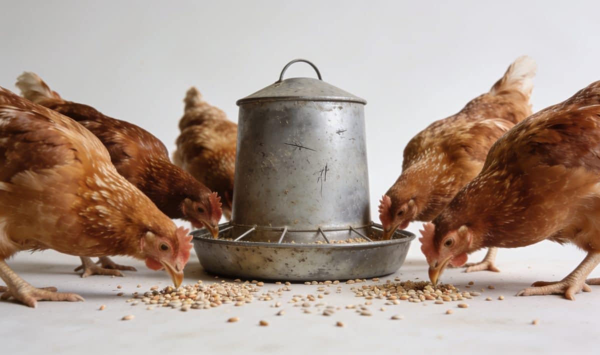 Poules pondeuses picorant graines devant mangeoire metal