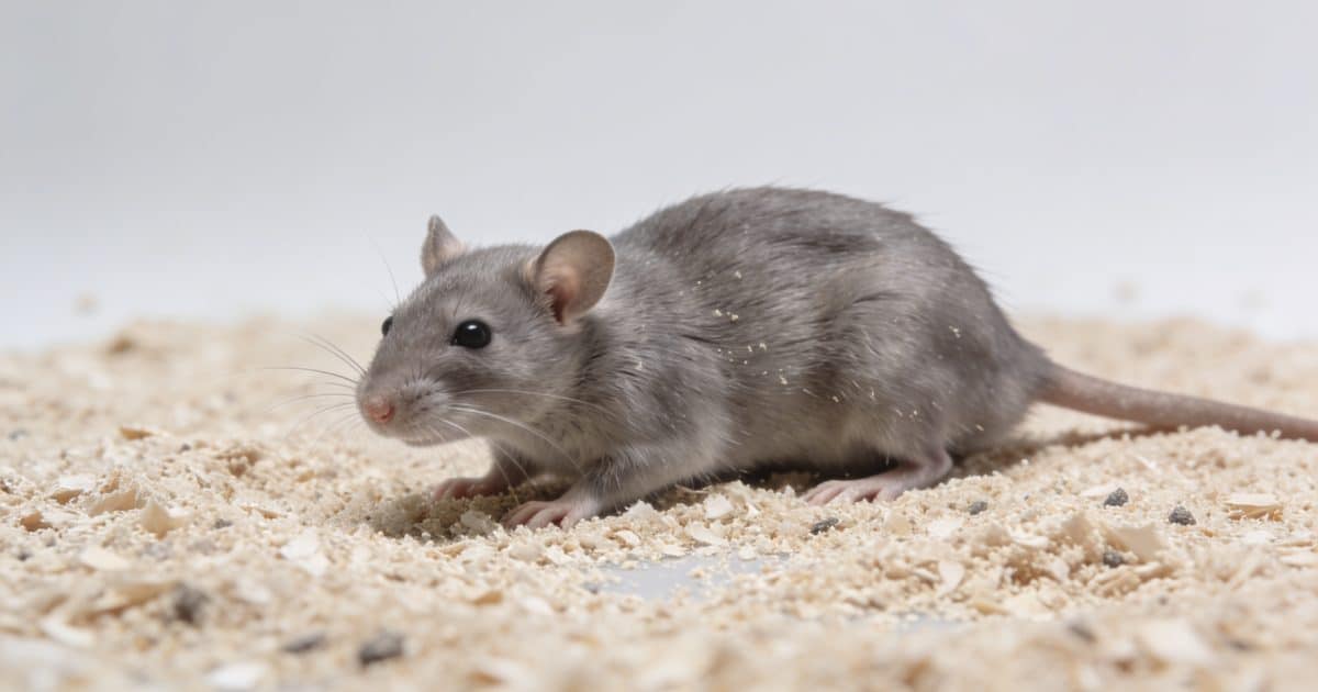 Souris grise sur lit de sciure en laboratoire