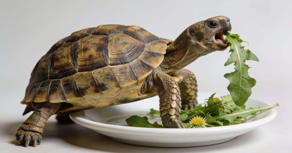 Tortue Hermann mangeant des feuilles vertes sur assiette