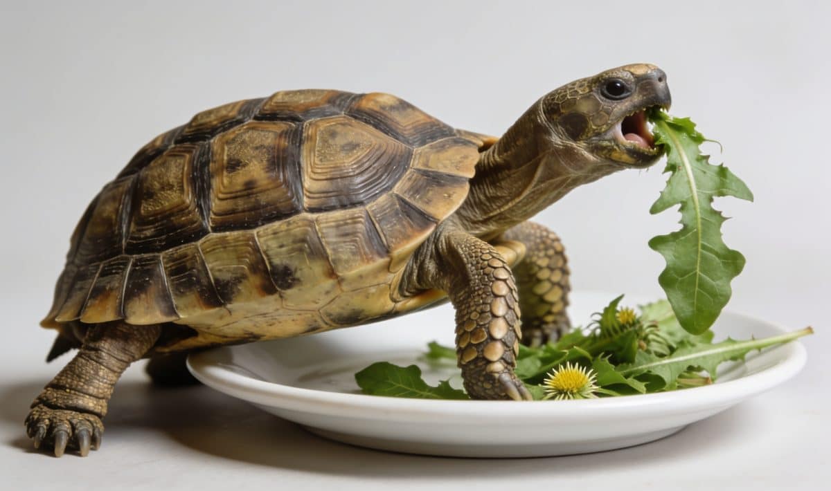 Tortue Hermann mangeant des feuilles vertes sur assiette