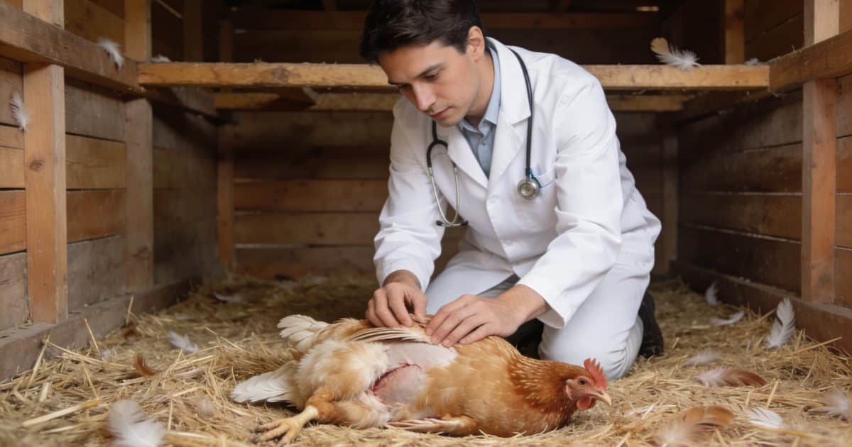 Veterinaire examinant une poule abattue dans un poulailler