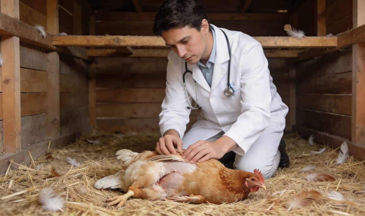 Veterinaire examinant une poule abattue dans un poulailler