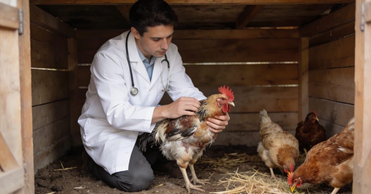 Veterinaire examinant une poule malade dans un poulailler