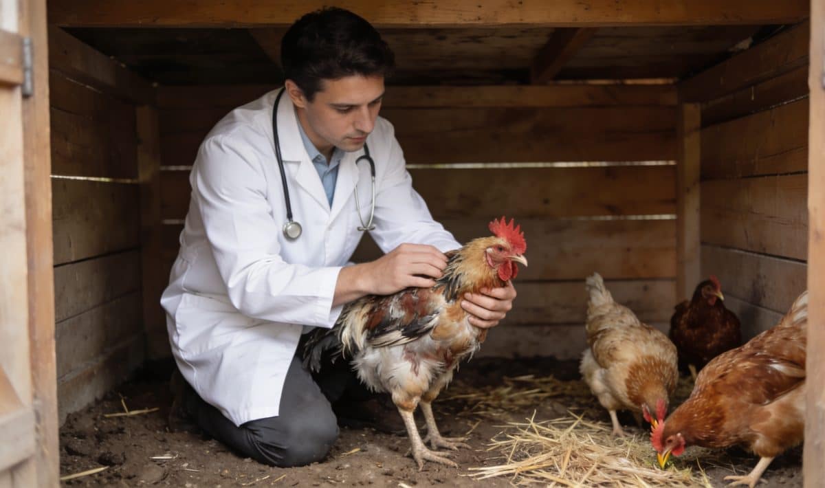 Veterinaire examinant une poule malade dans un poulailler