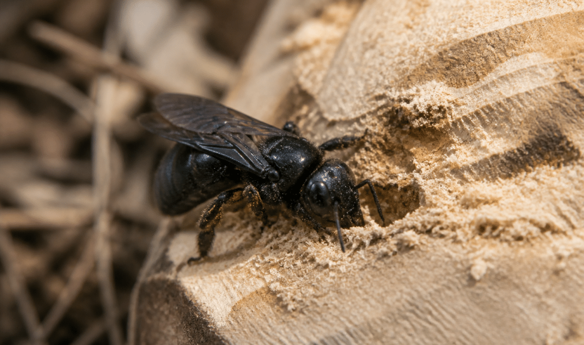Grosse abeille noire creusant galeries dans bois clair
