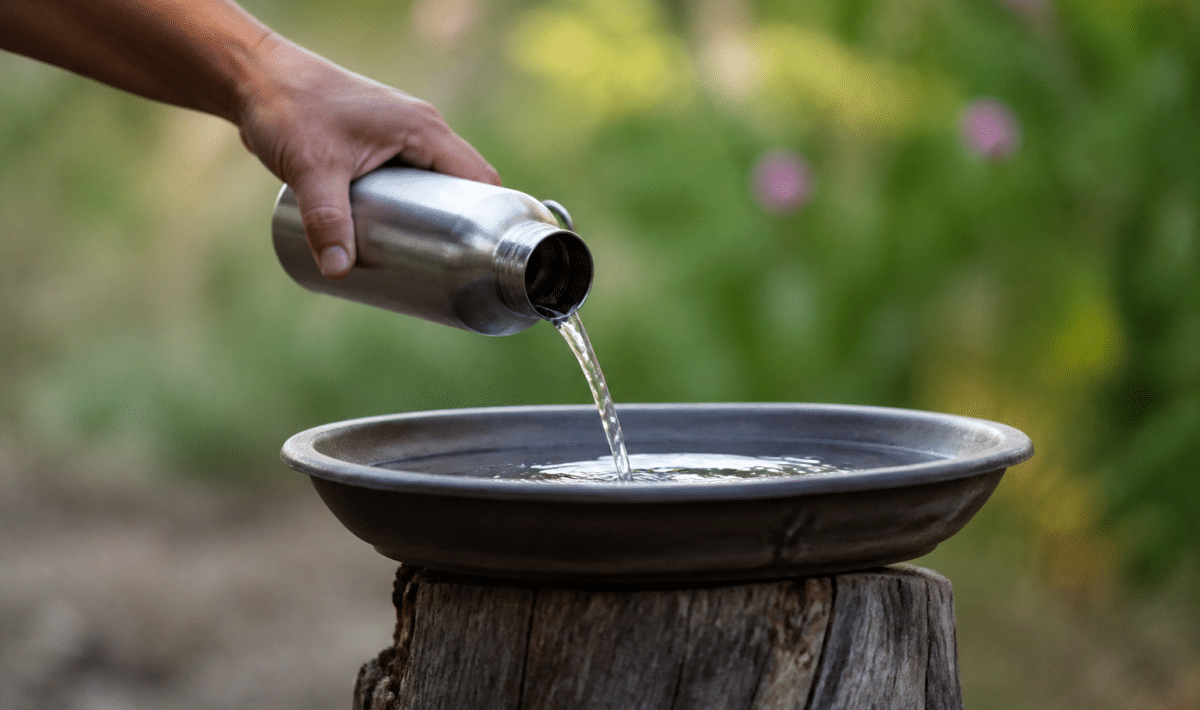 Main versant eau dans récipient peu profond surélevé