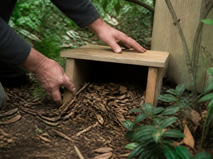 Mains construisant petit abri bois ouvert herisson