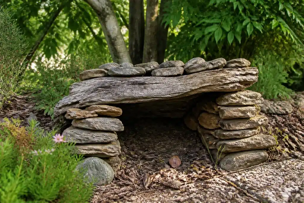 Pierres et bois mort creant abri ombre naturel jardin