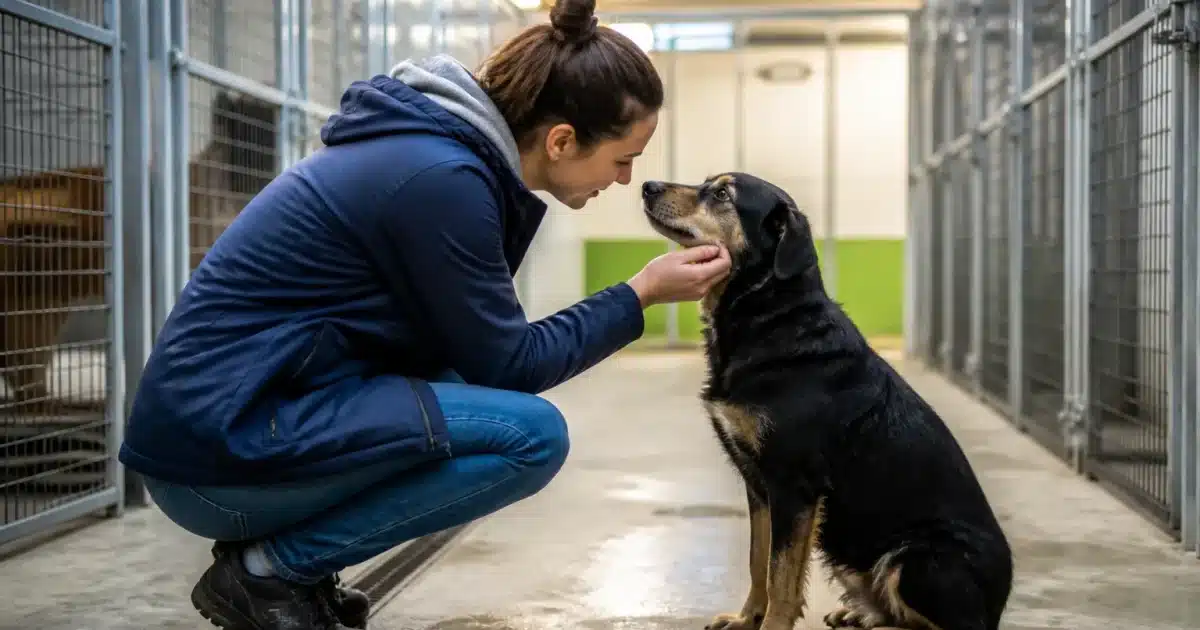 Personne agenouille devant chien assis dans refuge