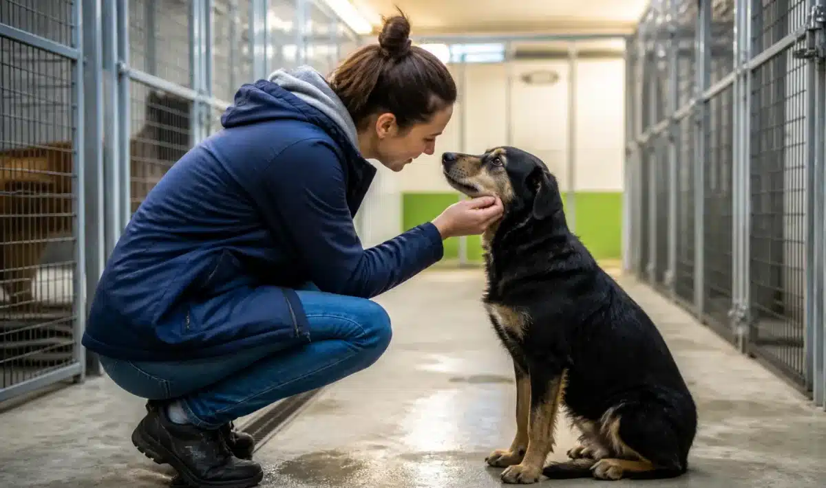 Personne agenouille devant chien assis dans refuge