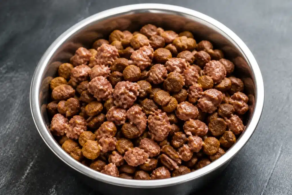Bol contenant croquettes sèches et pâtée humide mélangées