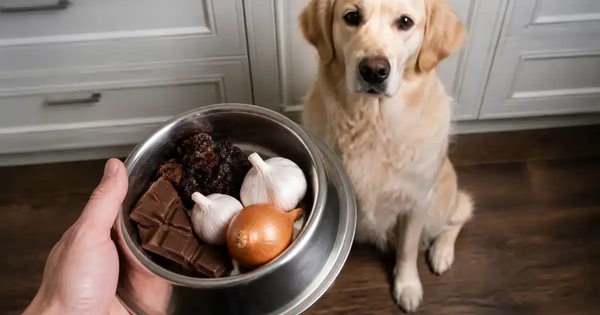 Mains tenant bol rempli aliments dangereux chien assis devant