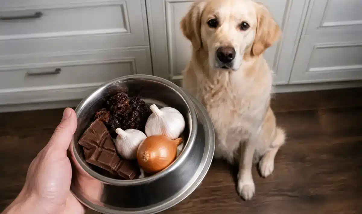 Mains tenant bol rempli aliments dangereux chien assis devant