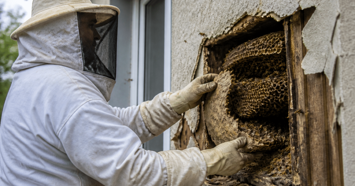 Apiculteur retire nid abeilles jaunes mur maison