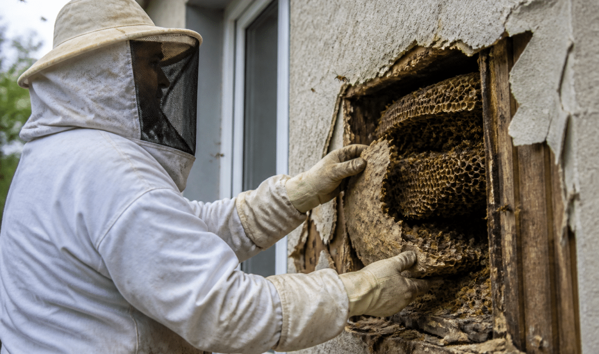 Apiculteur retire nid abeilles jaunes mur maison