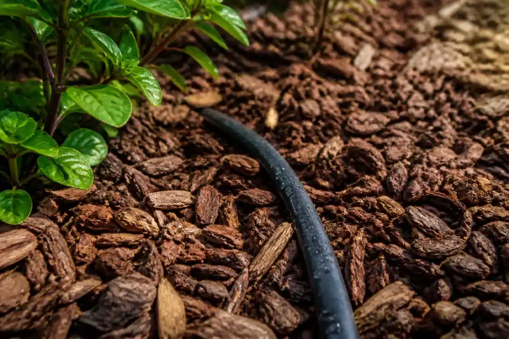 Tuyau goutte-à-goutte sous paillis marron au sol