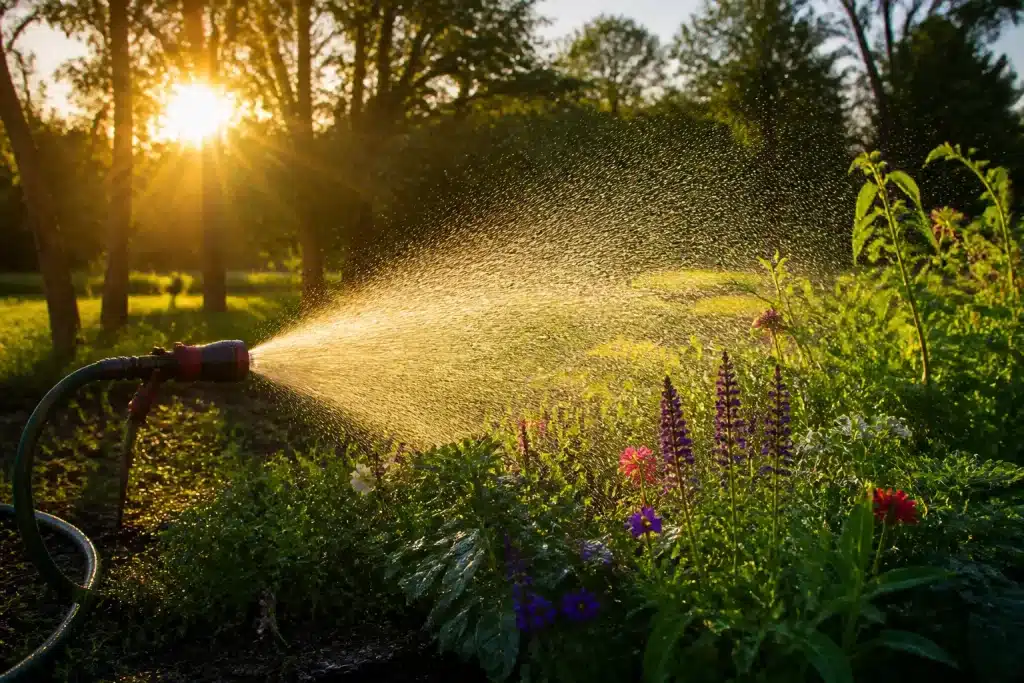 Jardin humide au lever du soleil avec tuyau d'arrosage actif