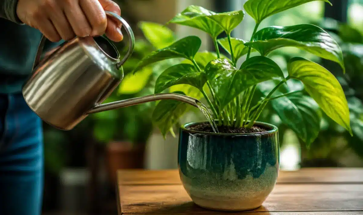Main versant eau sur plante verte dans pot ceramic