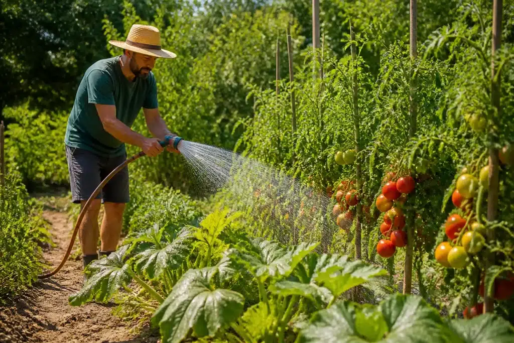 Jardinier arrosant tomates et courgettes par temps chaud